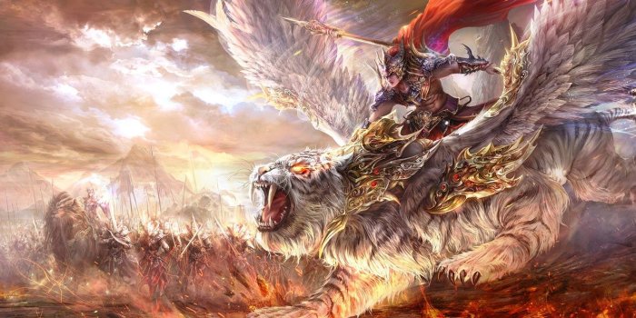 1332x850 Wallpaper flame, weapons, wings, army, magic, tiger, Warrior, grin