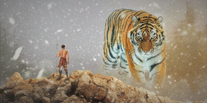 1271x700 Artistic Fantasy Giant Man Rock Snowfall Tiger Warrior Winter