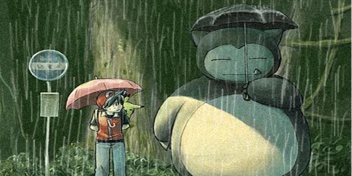 1600x1200 pokemon, rain, Totoro, parody, Snorlax, bus stop, umbrellas