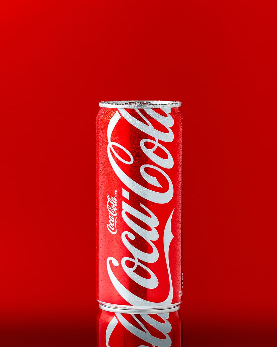 910x1137 HD wallpaper: Coca-Cola can, red, text, colored background, studio