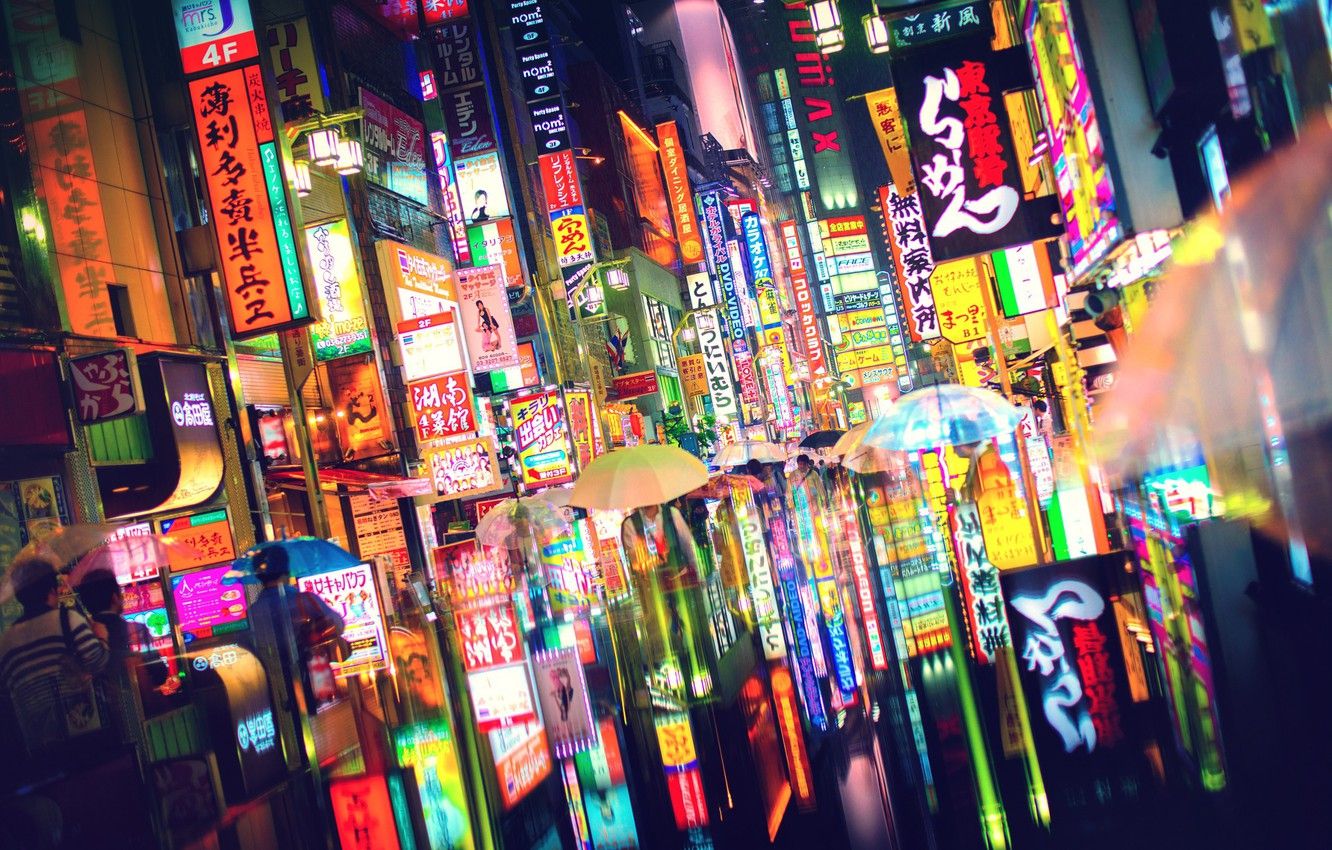 1332x850 Wallpaper light, the city, lights, people, Japan, Tokyo, umbrellas