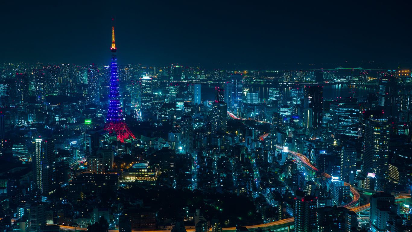 1366x768 Free download Tokyo Night City Skyscrapers Lights Desktop