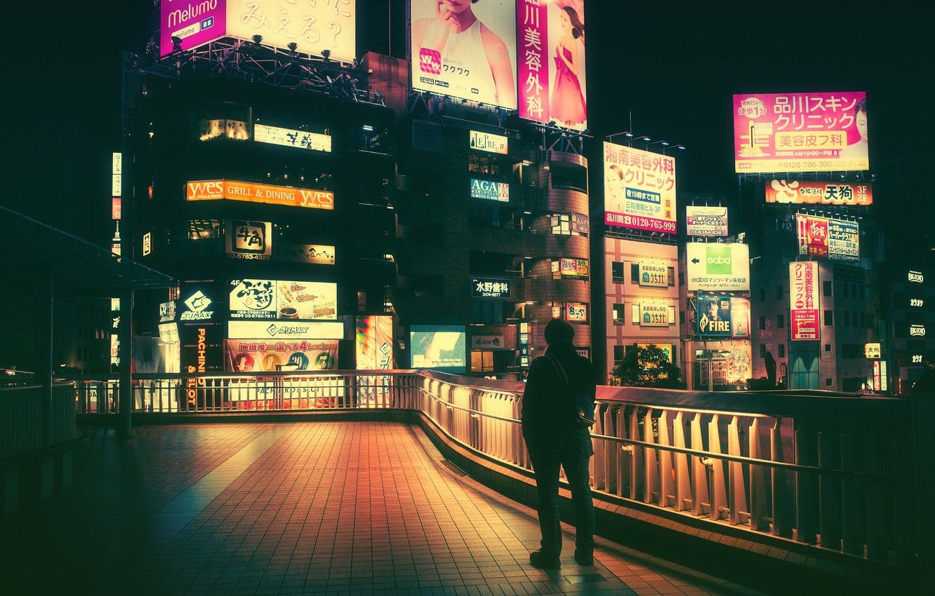 1332x850 Wallpaper People, Tokyo, Advertising, Signs, Lights, Light, Rain
