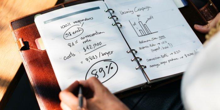 3840x2563 a person drafting a marketing campaign plan in a notebook on their