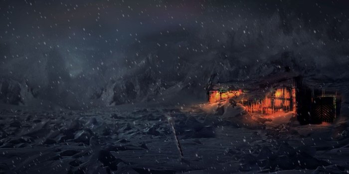 1332x850 Wallpaper winter, snow, night, house, tundra, Concept Art