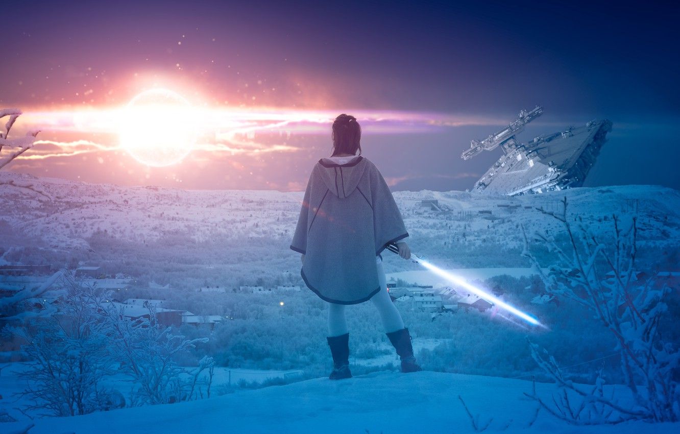 1332x850 Wallpaper winter, girl, snow, fiction, ship, UFO, sword, space