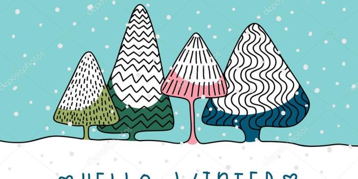 1024x768 Vector Card With Funny Hand Drawn Winter Forest In - Hello Winter
