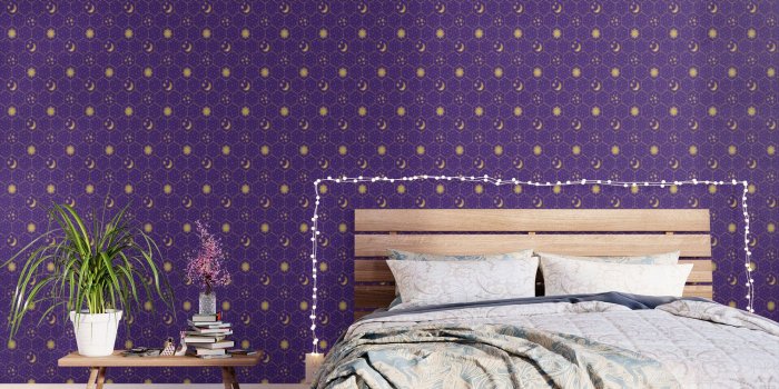 1500x1500 Golden Sun, golden Moon hexagons pattern on violet Wallpaper by
