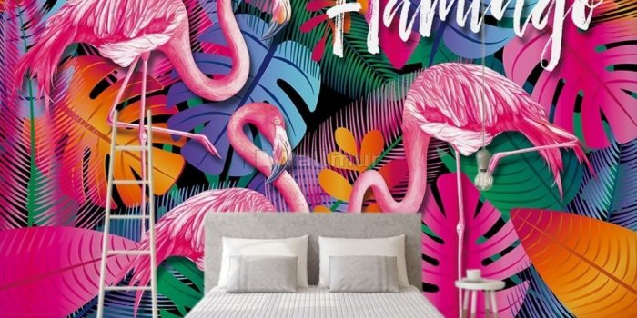 1000x798 Pink Flamingo with Colorful Leaf Wallpaper Mural • Wallmur®