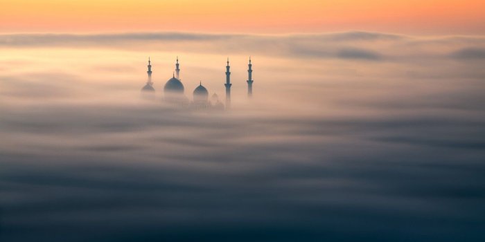 1280x720 Wallpaper Sheikh Zayed Mosque, Abu Dhabi, Sunrise, Fog, United