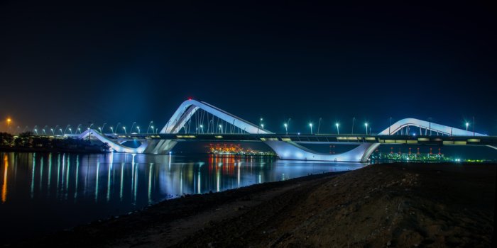 6031x3676 wallpaper bridge, architecture, night city, city lights, abu dhabi