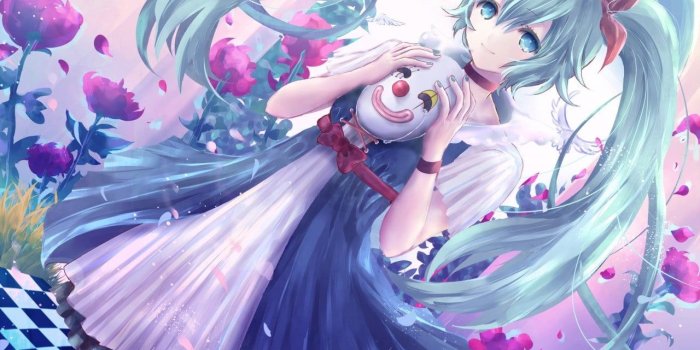 1280x913 Blue haired female anime character holding white clown mask