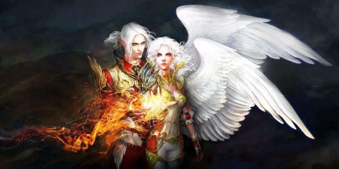 1370x700 Fantasy couple angels wings fire white hair wallpaper | 1800x920