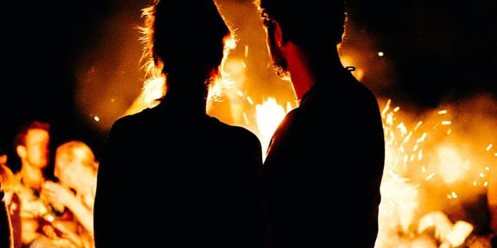 910x1101 HD wallpaper: two persons standing in front of bonfire, silhouette