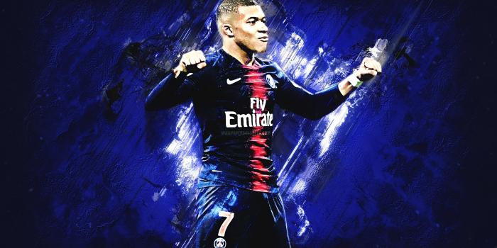 2880x1800 Download wallpapers Kylian Mbappe, grunge, PSG, blue stone, soccer