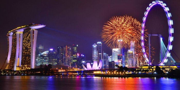 1920x1200 Singapore cities harbor reflection buildings skyscrapers fireworks