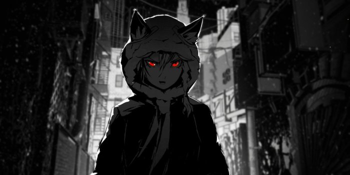 1244x700 Neko werewolf sarcasm eyes hood red grasyscale anime city snow