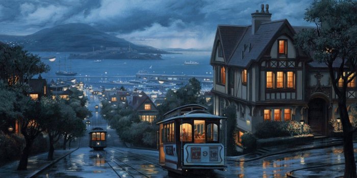 1680x1050 San Francisco, Cable Cars, Alcatraz, Painting Wallpapers HD