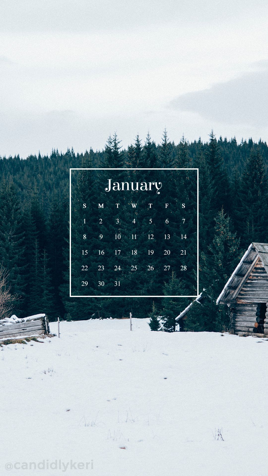 1080x1920 Winter cabin snow forest background January calendar 2017