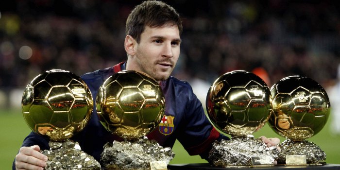 3444x1968 Four gold soccer trophies, Lionel Messi, soccer, sports, athletes