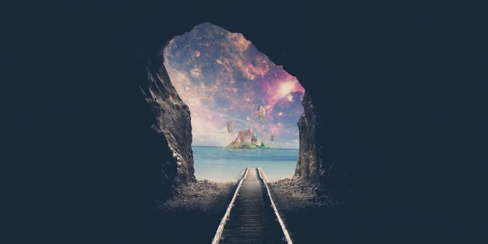 2560x1440 Wallpaper Island, Tunnel, Railway track, Mystic, Dream, Surreal