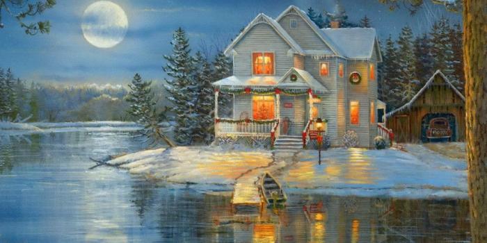 1024x768 Winter, Victorian, Reflections, Christmas, Lake, Painting, Forest
