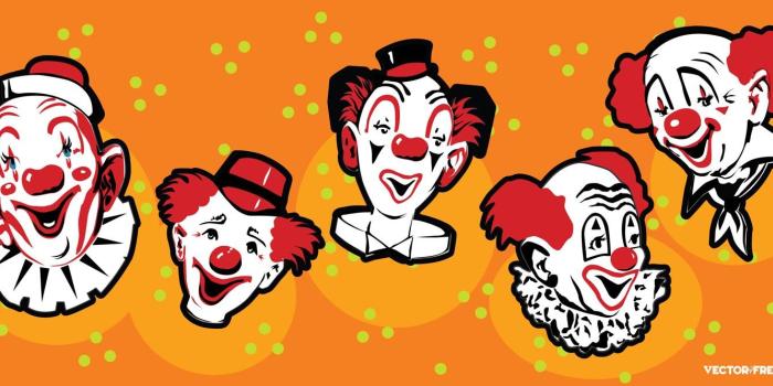 1500x667 Free download vector banner with 5 funny clown cartoons on dotted