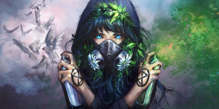 1332x850 Wallpaper green, girl, white, graffiti, nature, art, blue eyes