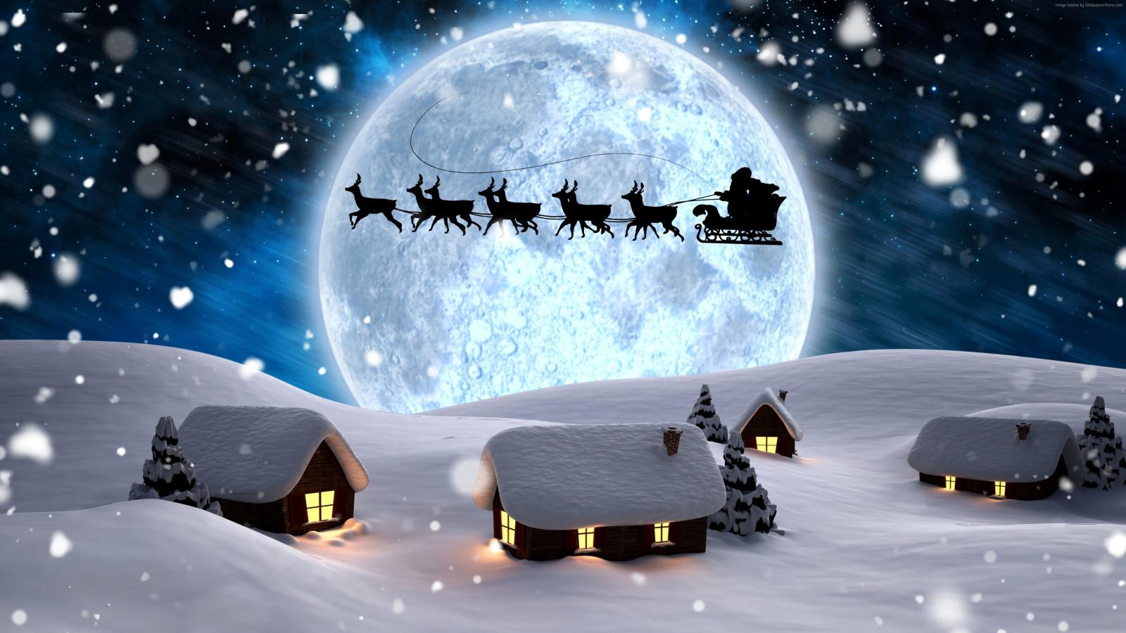 3840x2160 Wallpaper Christmas, New Year, Santa, deer, moon, night, winter