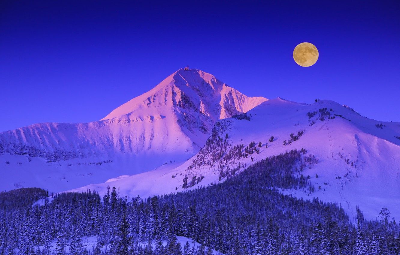 1332x850 Wallpaper mountains, snow, winter, trees, Montana, the moon, the