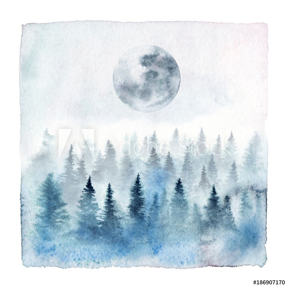 1000x1000 Watercolor Painting Of A Foggy Forest With Spruce Trees And Full