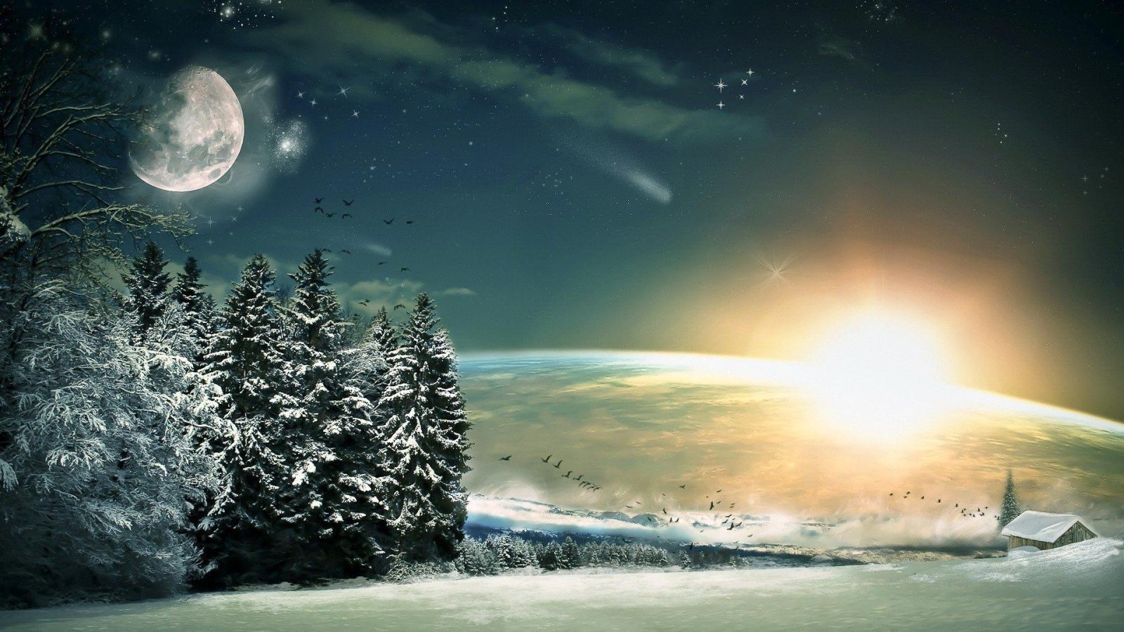 1920x1080 Light fantasy winter snow Sun trees stars wood birds Moon fir