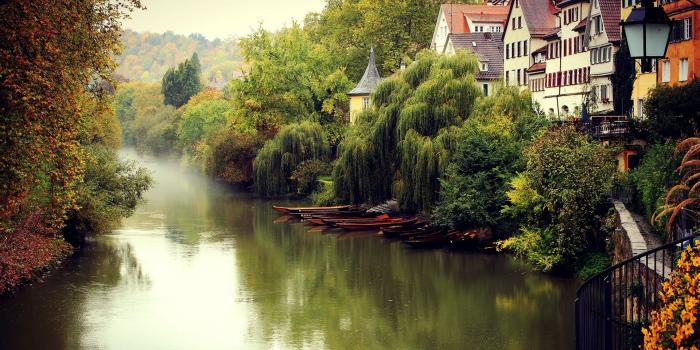 1920x1200 Wallpaper Germany landscape, fall, fog, river, boats, trees