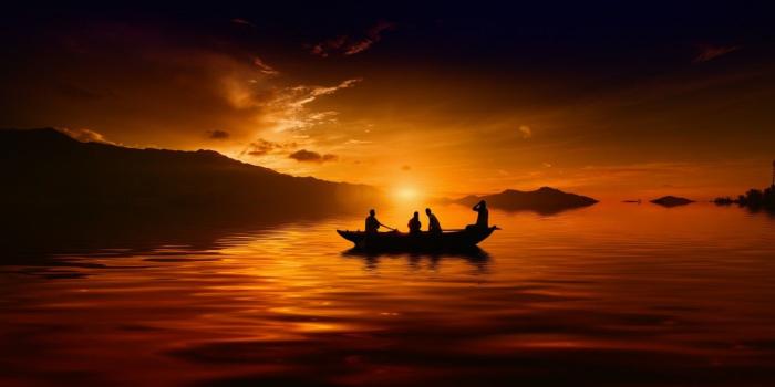 1366x768 Download 1366x768 Sunset, Boat, People, Lake, Hunting, Calm