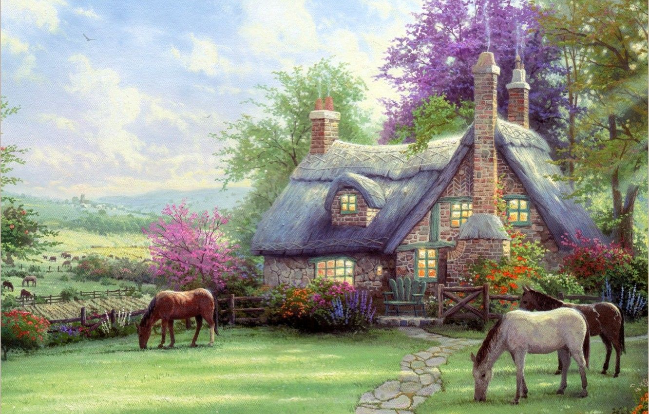 1332x850 Wallpaper nature, house, horses, house, painting, Thomas Kinkade
