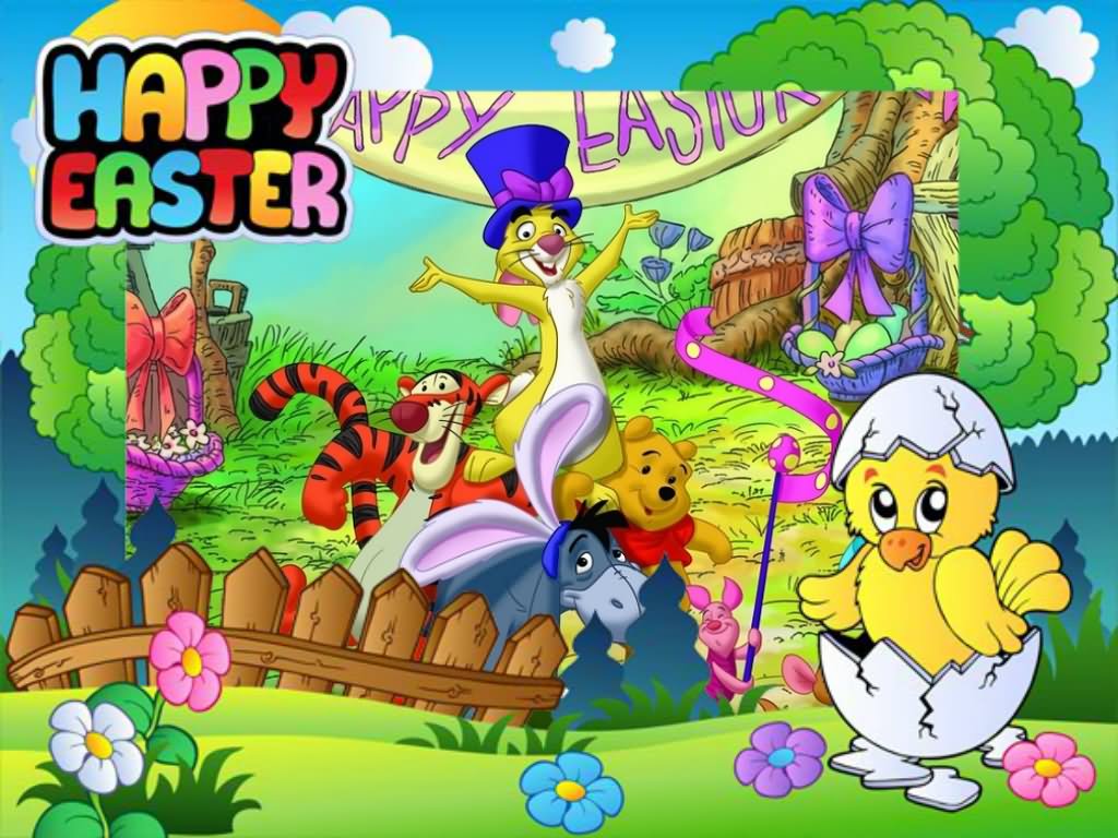 1024x768 Winnie Pooh And Friends Wishing You Happy Easter