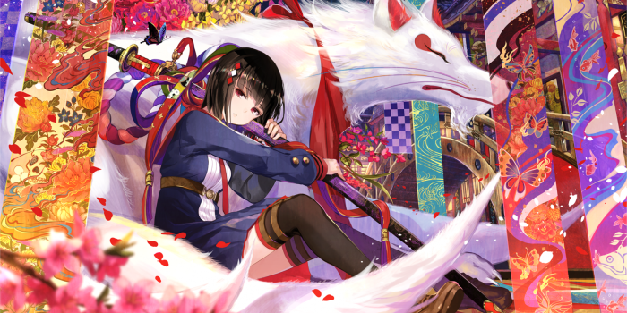 1920x1080 Download 1920x1080 Anime Girl, Shrine, Katana, White Fox, Colorful