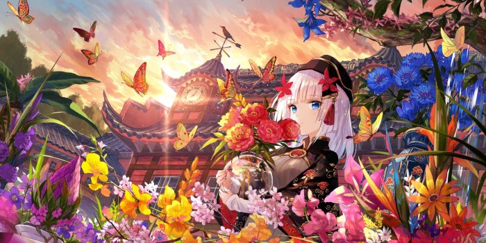 3425x1924 Download 3425x1924 Botanical Garden, Anime Girl, Butterflies, Blue