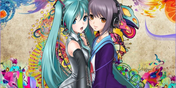 1920x1080 Wallpaper Hatsune Miku, two anime girls, long hair, colorful