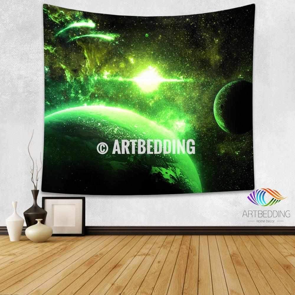 1000x1000 Galaxy Tapestry, Green nebula planets in deep space wall tapestry