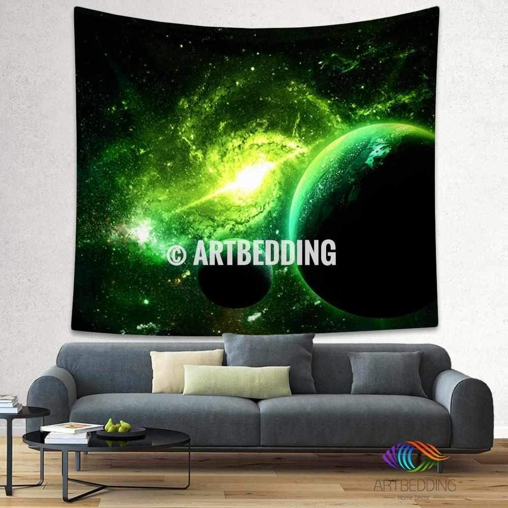 1000x1000 Galaxy Tapestry, Fantasy space wall tapestry, Green Nebula
