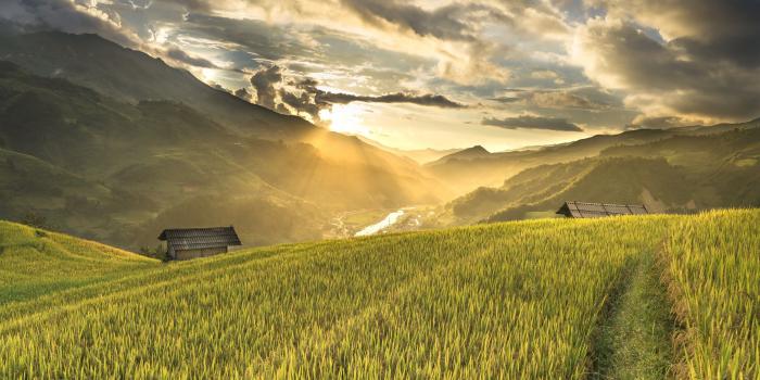 3840x2160 Wallpaper Vietnam, rice field, mountains, slope, house, morning