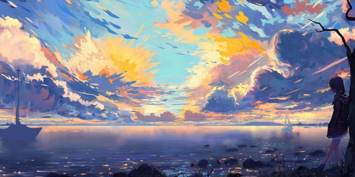 3440x1440 Download 3440x1440 Anime Landscape, Sea, Ships, Colorful, Clouds