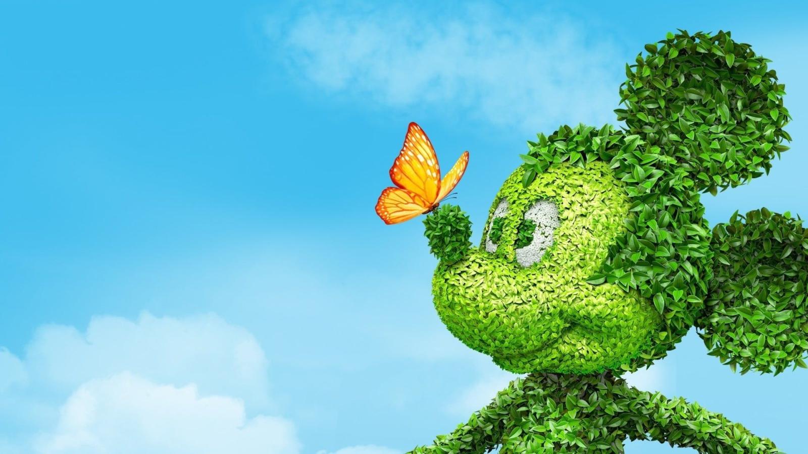 1920x1080 Brown butterfly on green Mickey Mouse topiary HD wallpaper