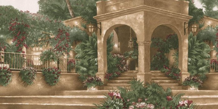 1500x1038 Mediterranean Palm Trees Flowers Villa Vintage Wallpaper Border