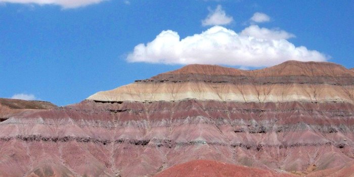 1024x768 Layer-Cake Geology | Alternating bands of bright color make …