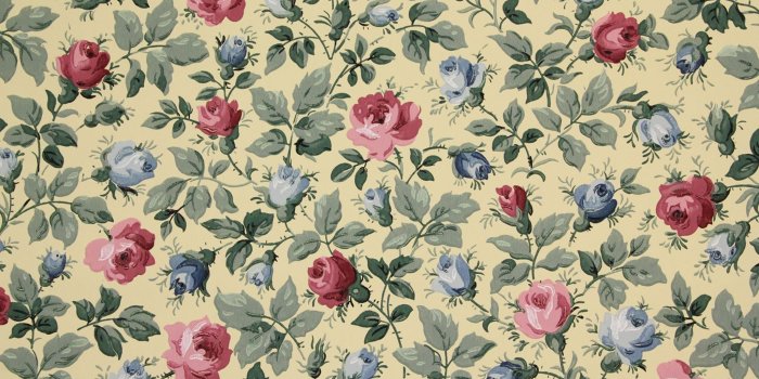 2048x1365 1950s Vintage Wallpaper Pink and Blue Roses on Yellow - Rosie's