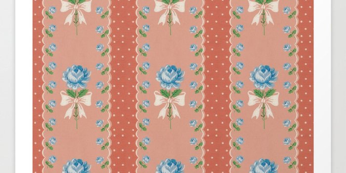 1500x1500 Vintage Wallpaper Pattern Blue Roses Coral Polka Dots Art Print by