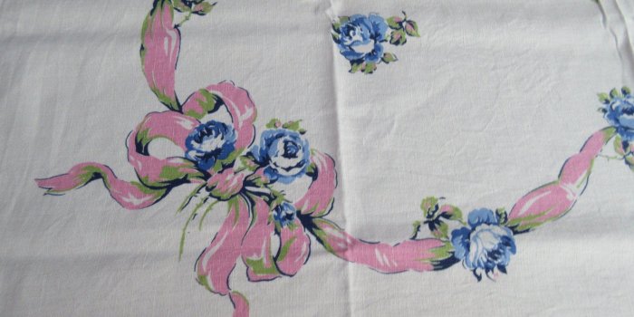 2048x1536 Bright Blue Roses Pink Ribbons Linen Floral Vintage Printed