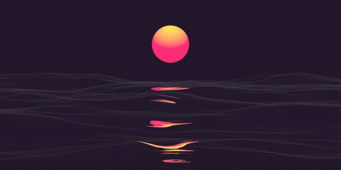 1920x1080 Download Retrowave, sunrise, reflections, sea, clear sky, dark